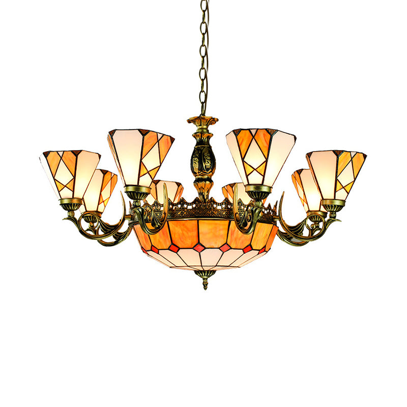Bowl Ceiling Chandelier 11 Lights Stained Glass Vintage Pendant Lighting in Yellow Clearhalo 'Ceiling Lights' 'Chandeliers' 'Close To Ceiling Lights' 'Industrial' 'Middle Century Chandeliers' 'Tiffany Chandeliers' 'Tiffany close to ceiling' 'Tiffany' Lighting' 177638