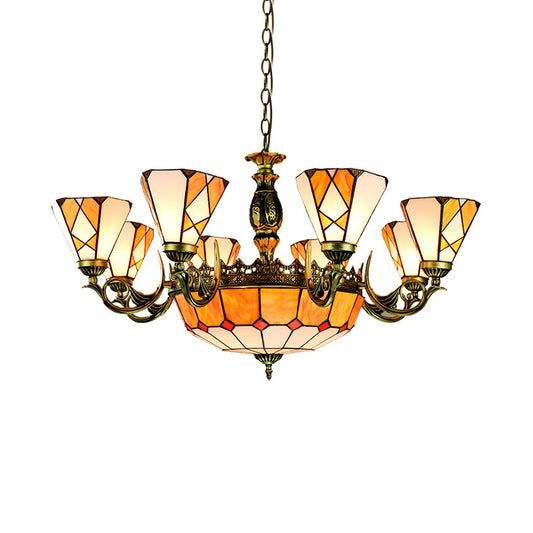 Bowl Ceiling Chandelier 11 Lights Stained Glass Vintage Pendant Lighting in Yellow Clearhalo 'Ceiling Lights' 'Chandeliers' 'Close To Ceiling Lights' 'Industrial' 'Middle Century Chandeliers' 'Tiffany Chandeliers' 'Tiffany close to ceiling' 'Tiffany' Lighting' 177638