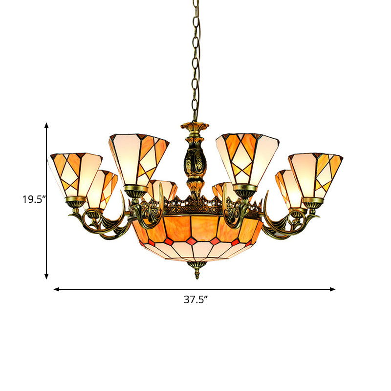 Bowl Ceiling Chandelier 11 Lights Stained Glass Vintage Pendant Lighting in Yellow Clearhalo 'Ceiling Lights' 'Chandeliers' 'Close To Ceiling Lights' 'Industrial' 'Middle Century Chandeliers' 'Tiffany Chandeliers' 'Tiffany close to ceiling' 'Tiffany' Lighting' 177639