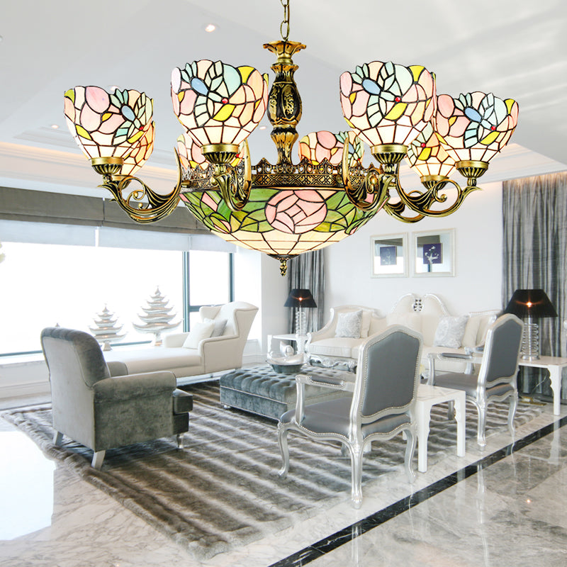 Flower and Bowl Pendant Lighting Stained Glass Lodge Loft Chandelier Lamp for Living Room Blue-Pink Clearhalo 'Ceiling Lights' 'Chandeliers' 'Industrial' 'Middle Century Chandeliers' 'Tiffany Chandeliers' 'Tiffany close to ceiling' 'Tiffany' Lighting' 177640