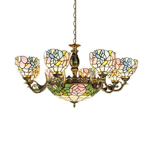 Flower and Bowl Pendant Lighting Stained Glass Lodge Loft Chandelier Lamp for Living Room Clearhalo 'Ceiling Lights' 'Chandeliers' 'Industrial' 'Middle Century Chandeliers' 'Tiffany Chandeliers' 'Tiffany close to ceiling' 'Tiffany' Lighting' 177642