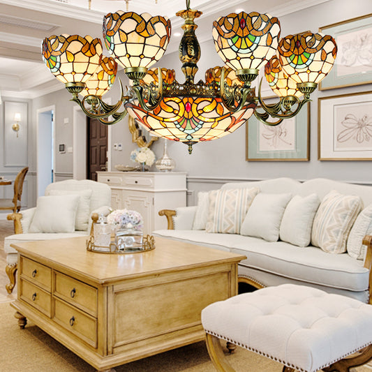 Multi Light Domed Chandelier Lamp with Metal Chain Height Adjustable Stained Glass Pendant Light Beige Clearhalo 'Ceiling Lights' 'Chandeliers' 'Industrial' 'Middle Century Chandeliers' 'Tiffany Chandeliers' 'Tiffany close to ceiling' 'Tiffany' Lighting' 177644