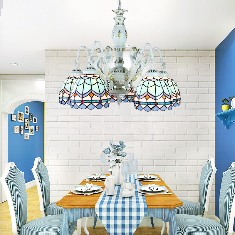 Stained Glass Mediterranean/Wire Mesh/Flower/Gem Hanging Chandelier Tiffany 5 Lights Blue Pendant Light Blue Mediterranean Clearhalo 'Ceiling Lights' 'Chandeliers' 'Industrial' 'Middle Century Chandeliers' 'Tiffany Chandeliers' 'Tiffany close to ceiling' 'Tiffany' Lighting' 177661