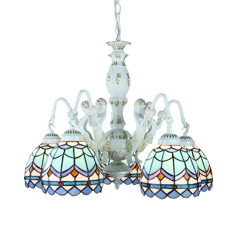 Stained Glass Mediterranean/Wire Mesh/Flower/Gem Hanging Chandelier Tiffany 5 Lights Blue Pendant Light Clearhalo 'Ceiling Lights' 'Chandeliers' 'Industrial' 'Middle Century Chandeliers' 'Tiffany Chandeliers' 'Tiffany close to ceiling' 'Tiffany' Lighting' 177662