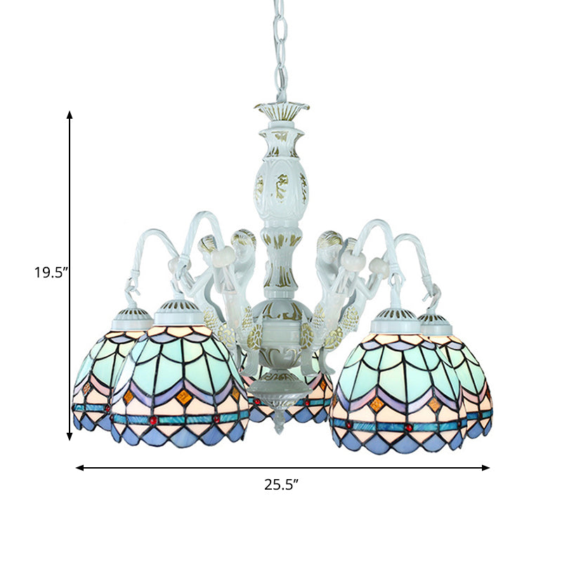 Stained Glass Mediterranean/Wire Mesh/Flower/Gem Hanging Chandelier Tiffany 5 Lights Blue Pendant Light Clearhalo 'Ceiling Lights' 'Chandeliers' 'Industrial' 'Middle Century Chandeliers' 'Tiffany Chandeliers' 'Tiffany close to ceiling' 'Tiffany' Lighting' 177663