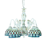 Stained Glass Mediterranean/Wire Mesh/Flower/Gem Hanging Chandelier Tiffany 5 Lights Blue Pendant Light Clearhalo 'Ceiling Lights' 'Chandeliers' 'Industrial' 'Middle Century Chandeliers' 'Tiffany Chandeliers' 'Tiffany close to ceiling' 'Tiffany' Lighting' 177666