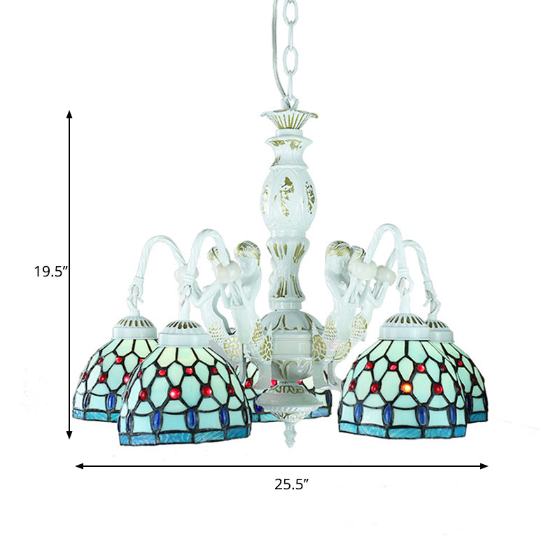 Stained Glass Mediterranean/Wire Mesh/Flower/Gem Hanging Chandelier Tiffany 5 Lights Blue Pendant Light Clearhalo 'Ceiling Lights' 'Chandeliers' 'Industrial' 'Middle Century Chandeliers' 'Tiffany Chandeliers' 'Tiffany close to ceiling' 'Tiffany' Lighting' 177667