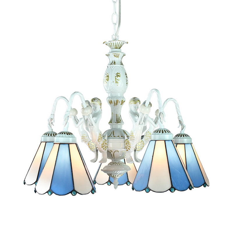 Stained Glass Mediterranean/Wire Mesh/Flower/Gem Hanging Chandelier Tiffany 5 Lights Blue Pendant Light Clearhalo 'Ceiling Lights' 'Chandeliers' 'Industrial' 'Middle Century Chandeliers' 'Tiffany Chandeliers' 'Tiffany close to ceiling' 'Tiffany' Lighting' 177669