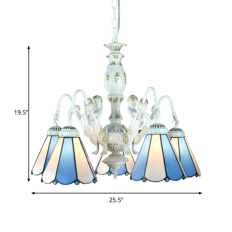 Stained Glass Mediterranean/Wire Mesh/Flower/Gem Hanging Chandelier Tiffany 5 Lights Blue Pendant Light Clearhalo 'Ceiling Lights' 'Chandeliers' 'Industrial' 'Middle Century Chandeliers' 'Tiffany Chandeliers' 'Tiffany close to ceiling' 'Tiffany' Lighting' 177670