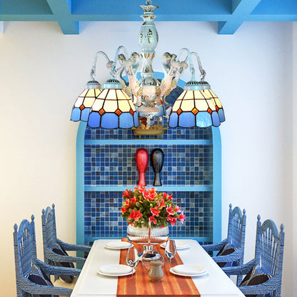 Stained Glass Mediterranean/Wire Mesh/Flower/Gem Hanging Chandelier Tiffany 5 Lights Blue Pendant Light Blue Wire Mesh Clearhalo 'Ceiling Lights' 'Chandeliers' 'Industrial' 'Middle Century Chandeliers' 'Tiffany Chandeliers' 'Tiffany close to ceiling' 'Tiffany' Lighting' 177671