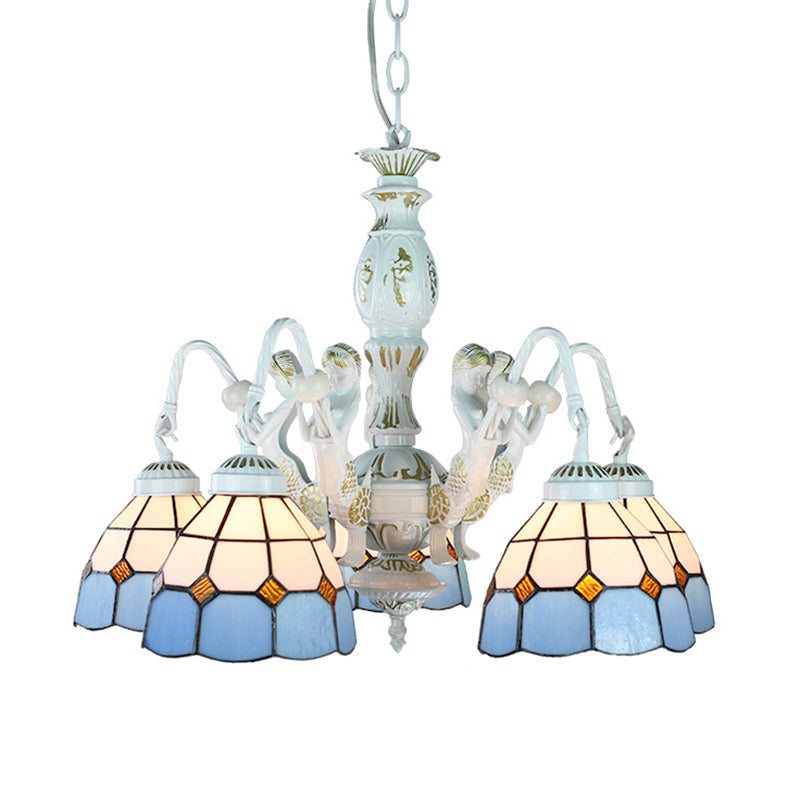 Stained Glass Mediterranean/Wire Mesh/Flower/Gem Hanging Chandelier Tiffany 5 Lights Blue Pendant Light Clearhalo 'Ceiling Lights' 'Chandeliers' 'Industrial' 'Middle Century Chandeliers' 'Tiffany Chandeliers' 'Tiffany close to ceiling' 'Tiffany' Lighting' 177672