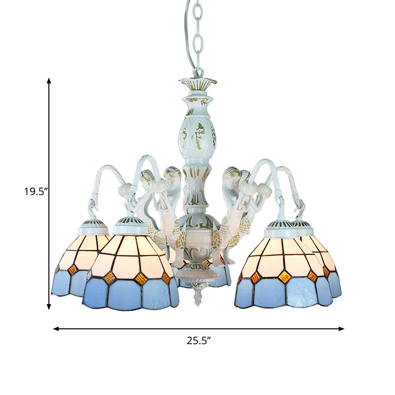 Stained Glass Mediterranean/Wire Mesh/Flower/Gem Hanging Chandelier Tiffany 5 Lights Blue Pendant Light Clearhalo 'Ceiling Lights' 'Chandeliers' 'Industrial' 'Middle Century Chandeliers' 'Tiffany Chandeliers' 'Tiffany close to ceiling' 'Tiffany' Lighting' 177673