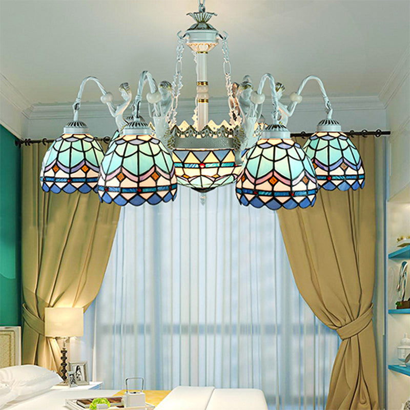 Blue Mediterranean/Wire Mesh/Flower/Gem Pendant Lighting Tiffany 9 Lights Stained Glass Chandelier Lamp Blue Mediterranean Clearhalo 'Ceiling Lights' 'Chandeliers' 'Industrial' 'Middle Century Chandeliers' 'Tiffany Chandeliers' 'Tiffany close to ceiling' 'Tiffany' Lighting' 177674