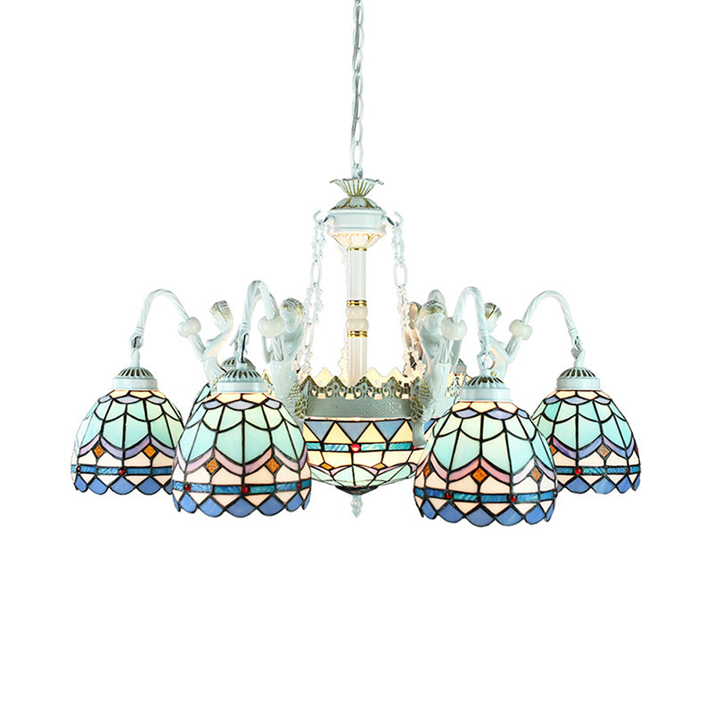 Blue Mediterranean/Wire Mesh/Flower/Gem Pendant Lighting Tiffany 9 Lights Stained Glass Chandelier Lamp Clearhalo 'Ceiling Lights' 'Chandeliers' 'Industrial' 'Middle Century Chandeliers' 'Tiffany Chandeliers' 'Tiffany close to ceiling' 'Tiffany' Lighting' 177675