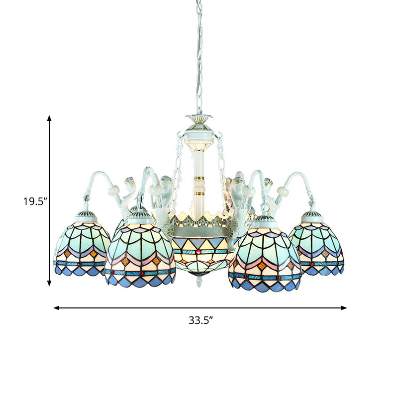 Blue Mediterranean/Wire Mesh/Flower/Gem Pendant Lighting Tiffany 9 Lights Stained Glass Chandelier Lamp Clearhalo 'Ceiling Lights' 'Chandeliers' 'Industrial' 'Middle Century Chandeliers' 'Tiffany Chandeliers' 'Tiffany close to ceiling' 'Tiffany' Lighting' 177676