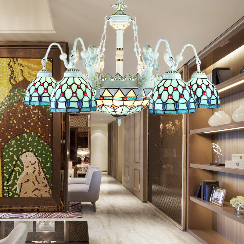 Blue Mediterranean/Wire Mesh/Flower/Gem Pendant Lighting Tiffany 9 Lights Stained Glass Chandelier Lamp Blue Gem Clearhalo 'Ceiling Lights' 'Chandeliers' 'Industrial' 'Middle Century Chandeliers' 'Tiffany Chandeliers' 'Tiffany close to ceiling' 'Tiffany' Lighting' 177677