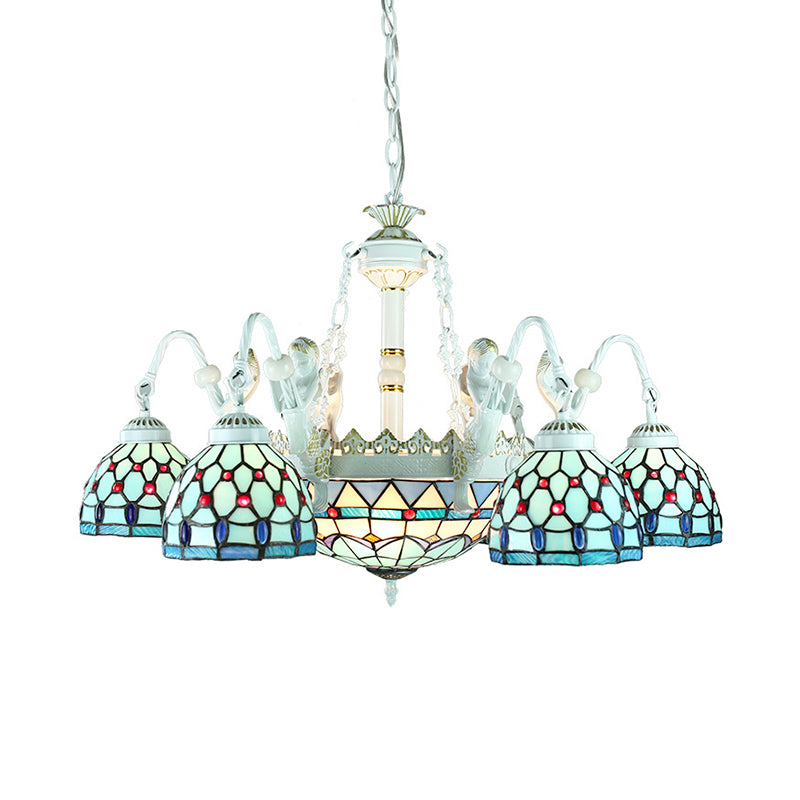 Blue Mediterranean/Wire Mesh/Flower/Gem Pendant Lighting Tiffany 9 Lights Stained Glass Chandelier Lamp Clearhalo 'Ceiling Lights' 'Chandeliers' 'Industrial' 'Middle Century Chandeliers' 'Tiffany Chandeliers' 'Tiffany close to ceiling' 'Tiffany' Lighting' 177678