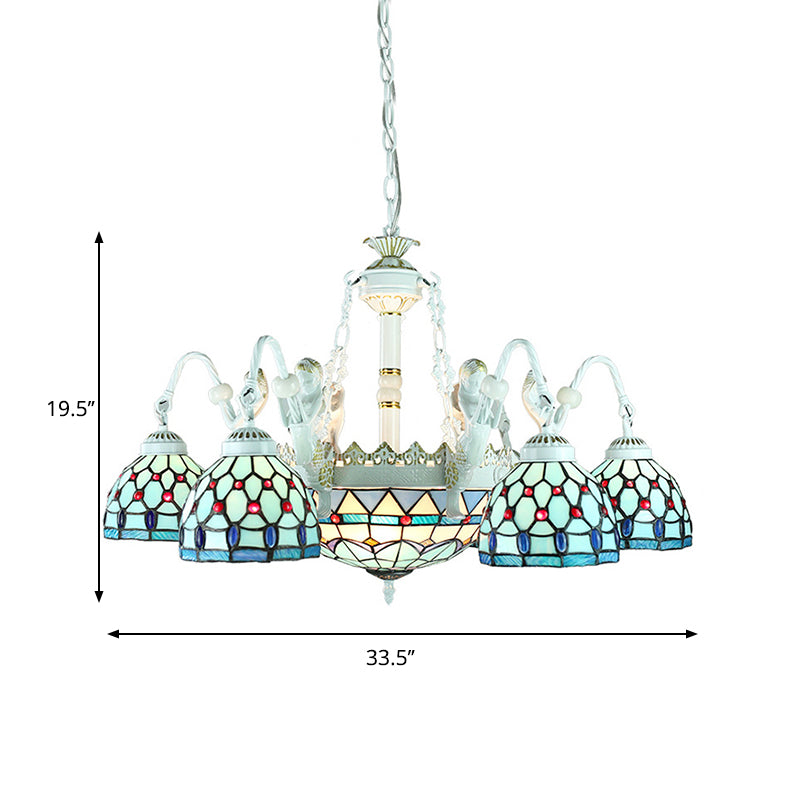Blue Mediterranean/Wire Mesh/Flower/Gem Pendant Lighting Tiffany 9 Lights Stained Glass Chandelier Lamp Clearhalo 'Ceiling Lights' 'Chandeliers' 'Industrial' 'Middle Century Chandeliers' 'Tiffany Chandeliers' 'Tiffany close to ceiling' 'Tiffany' Lighting' 177679