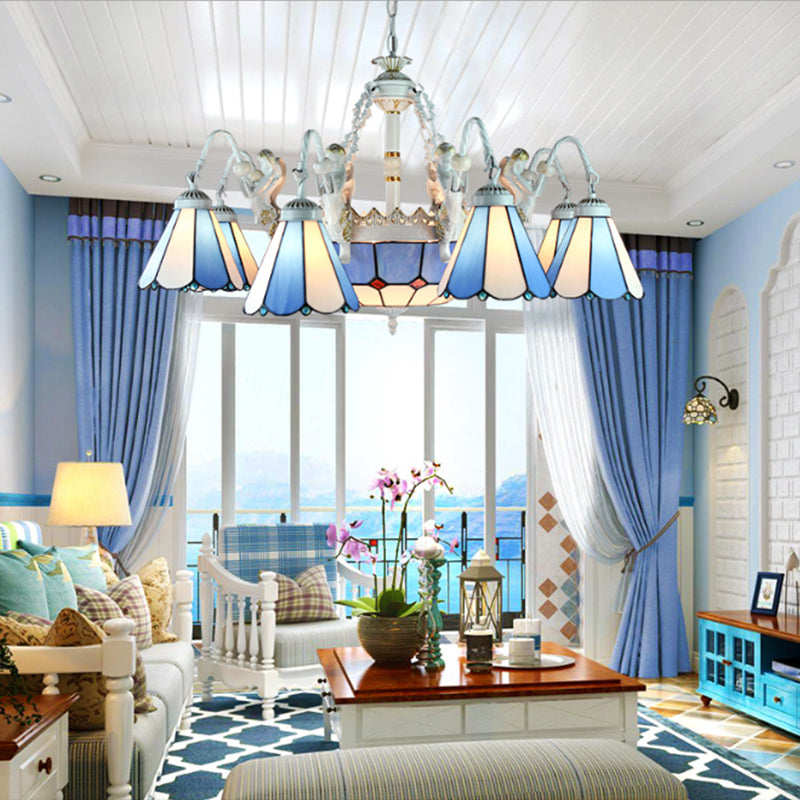 Blue Mediterranean/Wire Mesh/Flower/Gem Pendant Lighting Tiffany 9 Lights Stained Glass Chandelier Lamp Blue Flower Clearhalo 'Ceiling Lights' 'Chandeliers' 'Industrial' 'Middle Century Chandeliers' 'Tiffany Chandeliers' 'Tiffany close to ceiling' 'Tiffany' Lighting' 177680