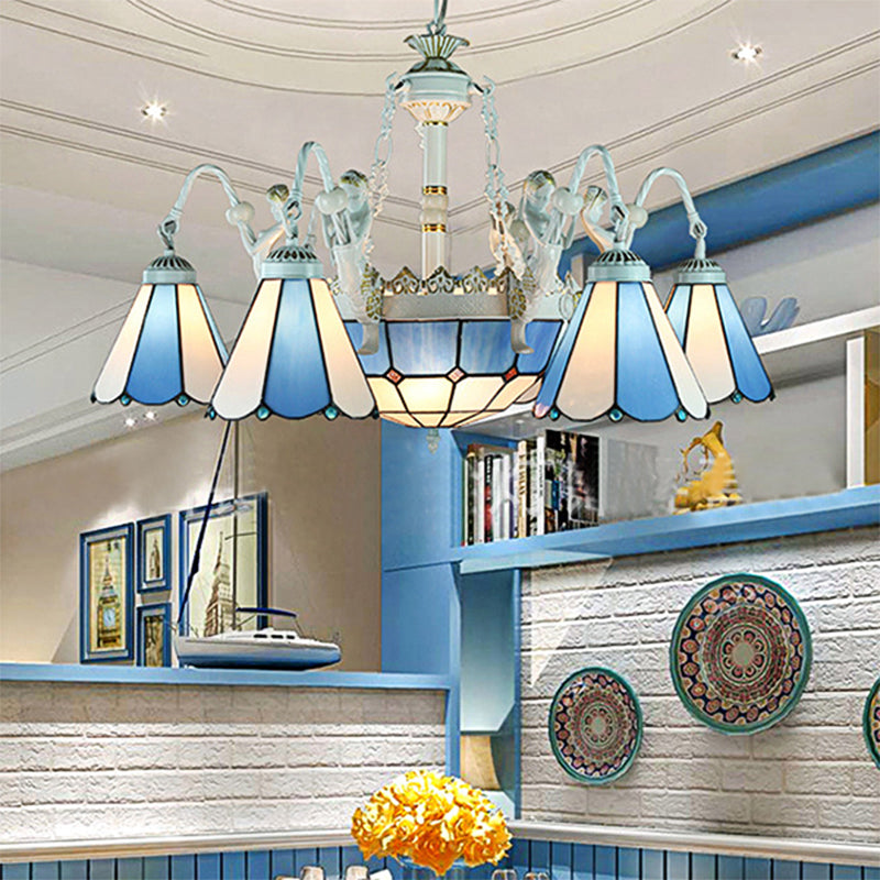 Blue Mediterranean/Wire Mesh/Flower/Gem Pendant Lighting Tiffany 9 Lights Stained Glass Chandelier Lamp Clearhalo 'Ceiling Lights' 'Chandeliers' 'Industrial' 'Middle Century Chandeliers' 'Tiffany Chandeliers' 'Tiffany close to ceiling' 'Tiffany' Lighting' 177681