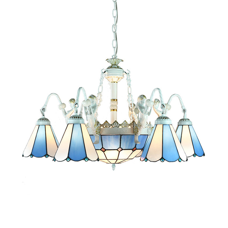Blue Mediterranean/Wire Mesh/Flower/Gem Pendant Lighting Tiffany 9 Lights Stained Glass Chandelier Lamp Clearhalo 'Ceiling Lights' 'Chandeliers' 'Industrial' 'Middle Century Chandeliers' 'Tiffany Chandeliers' 'Tiffany close to ceiling' 'Tiffany' Lighting' 177682
