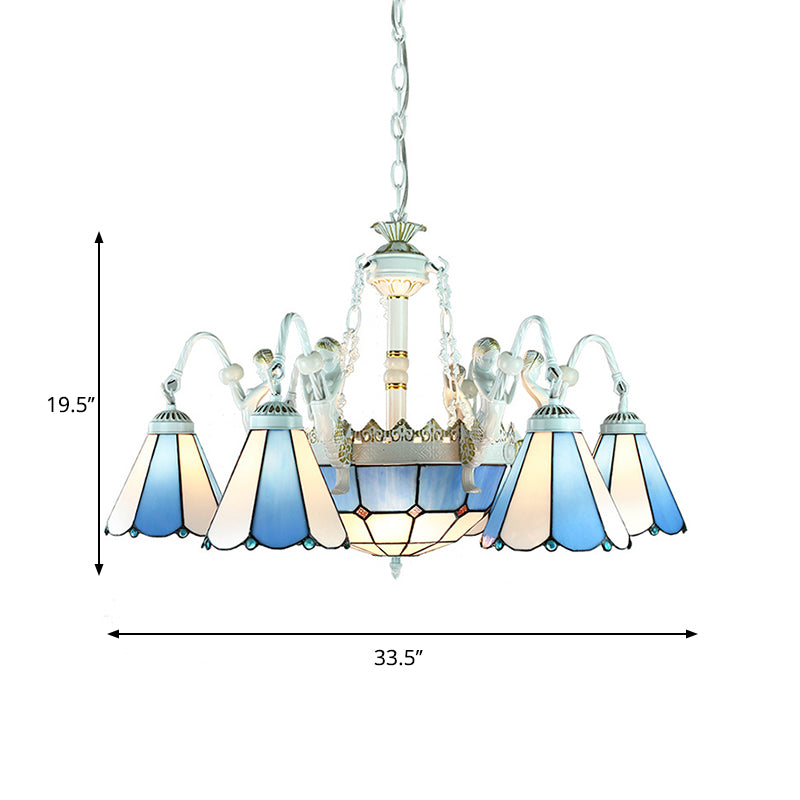Blue Mediterranean/Wire Mesh/Flower/Gem Pendant Lighting Tiffany 9 Lights Stained Glass Chandelier Lamp Clearhalo 'Ceiling Lights' 'Chandeliers' 'Industrial' 'Middle Century Chandeliers' 'Tiffany Chandeliers' 'Tiffany close to ceiling' 'Tiffany' Lighting' 177683