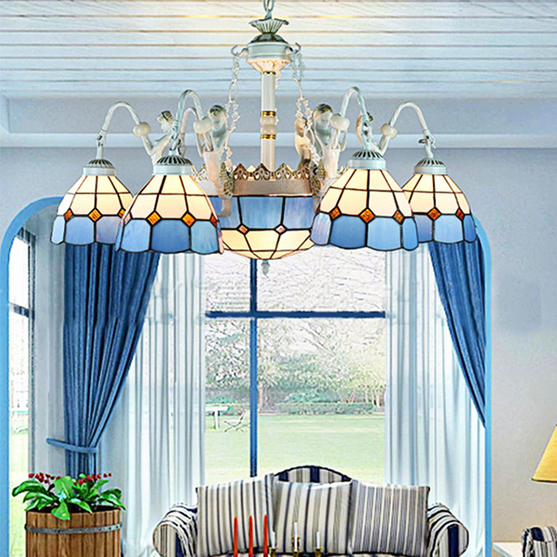 Blue Mediterranean/Wire Mesh/Flower/Gem Pendant Lighting Tiffany 9 Lights Stained Glass Chandelier Lamp Blue Wire Mesh Clearhalo 'Ceiling Lights' 'Chandeliers' 'Industrial' 'Middle Century Chandeliers' 'Tiffany Chandeliers' 'Tiffany close to ceiling' 'Tiffany' Lighting' 177684
