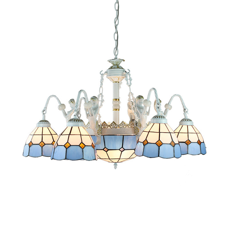 Blue Mediterranean/Wire Mesh/Flower/Gem Pendant Lighting Tiffany 9 Lights Stained Glass Chandelier Lamp Clearhalo 'Ceiling Lights' 'Chandeliers' 'Industrial' 'Middle Century Chandeliers' 'Tiffany Chandeliers' 'Tiffany close to ceiling' 'Tiffany' Lighting' 177685