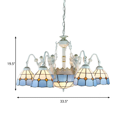 Blue Mediterranean/Wire Mesh/Flower/Gem Pendant Lighting Tiffany 9 Lights Stained Glass Chandelier Lamp Clearhalo 'Ceiling Lights' 'Chandeliers' 'Industrial' 'Middle Century Chandeliers' 'Tiffany Chandeliers' 'Tiffany close to ceiling' 'Tiffany' Lighting' 177686