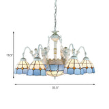 Blue Mediterranean/Wire Mesh/Flower/Gem Pendant Lighting Tiffany 9 Lights Stained Glass Chandelier Lamp Clearhalo 'Ceiling Lights' 'Chandeliers' 'Industrial' 'Middle Century Chandeliers' 'Tiffany Chandeliers' 'Tiffany close to ceiling' 'Tiffany' Lighting' 177686