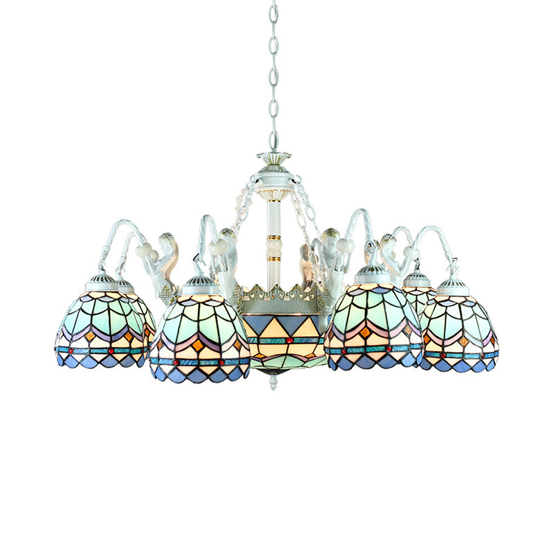 Stained Glass Wire Mesh/Mediterranean/Gem/Flower Chandelier Lamp Tiffany 11 Lights White Pendant Light Clearhalo 'Ceiling Lights' 'Chandeliers' 'Industrial' 'Middle Century Chandeliers' 'Tiffany Chandeliers' 'Tiffany close to ceiling' 'Tiffany' Lighting' 177688