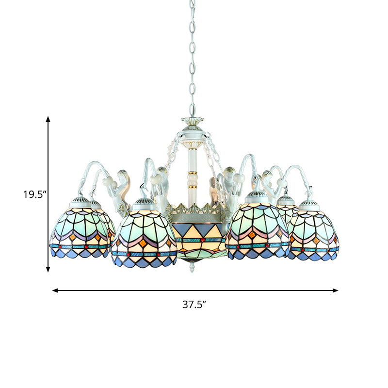 Stained Glass Wire Mesh/Mediterranean/Gem/Flower Chandelier Lamp Tiffany 11 Lights White Pendant Light Clearhalo 'Ceiling Lights' 'Chandeliers' 'Industrial' 'Middle Century Chandeliers' 'Tiffany Chandeliers' 'Tiffany close to ceiling' 'Tiffany' Lighting' 177689