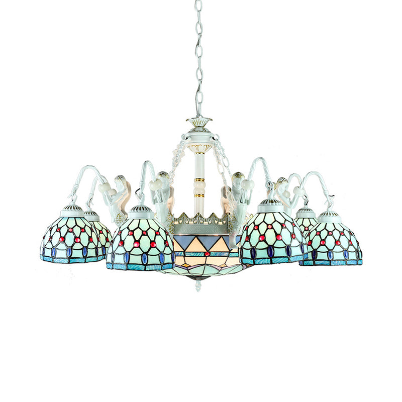 Stained Glass Wire Mesh/Mediterranean/Gem/Flower Chandelier Lamp Tiffany 11 Lights White Pendant Light Clearhalo 'Ceiling Lights' 'Chandeliers' 'Industrial' 'Middle Century Chandeliers' 'Tiffany Chandeliers' 'Tiffany close to ceiling' 'Tiffany' Lighting' 177692