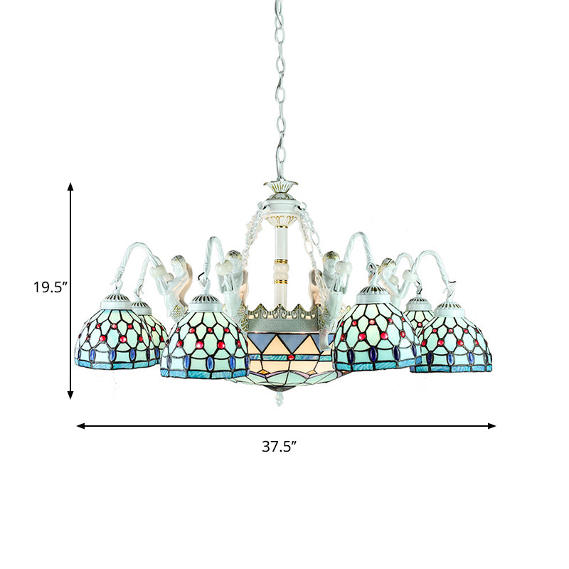Stained Glass Wire Mesh/Mediterranean/Gem/Flower Chandelier Lamp Tiffany 11 Lights White Pendant Light Clearhalo 'Ceiling Lights' 'Chandeliers' 'Industrial' 'Middle Century Chandeliers' 'Tiffany Chandeliers' 'Tiffany close to ceiling' 'Tiffany' Lighting' 177693