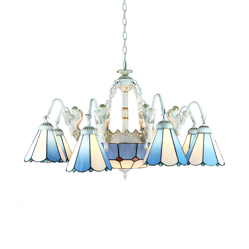 Stained Glass Wire Mesh/Mediterranean/Gem/Flower Chandelier Lamp Tiffany 11 Lights White Pendant Light Clearhalo 'Ceiling Lights' 'Chandeliers' 'Industrial' 'Middle Century Chandeliers' 'Tiffany Chandeliers' 'Tiffany close to ceiling' 'Tiffany' Lighting' 177695
