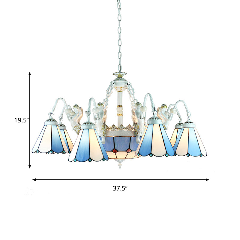 Stained Glass Wire Mesh/Mediterranean/Gem/Flower Chandelier Lamp Tiffany 11 Lights White Pendant Light Clearhalo 'Ceiling Lights' 'Chandeliers' 'Industrial' 'Middle Century Chandeliers' 'Tiffany Chandeliers' 'Tiffany close to ceiling' 'Tiffany' Lighting' 177696
