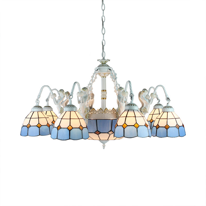 Stained Glass Wire Mesh/Mediterranean/Gem/Flower Chandelier Lamp Tiffany 11 Lights White Pendant Light Clearhalo 'Ceiling Lights' 'Chandeliers' 'Industrial' 'Middle Century Chandeliers' 'Tiffany Chandeliers' 'Tiffany close to ceiling' 'Tiffany' Lighting' 177698