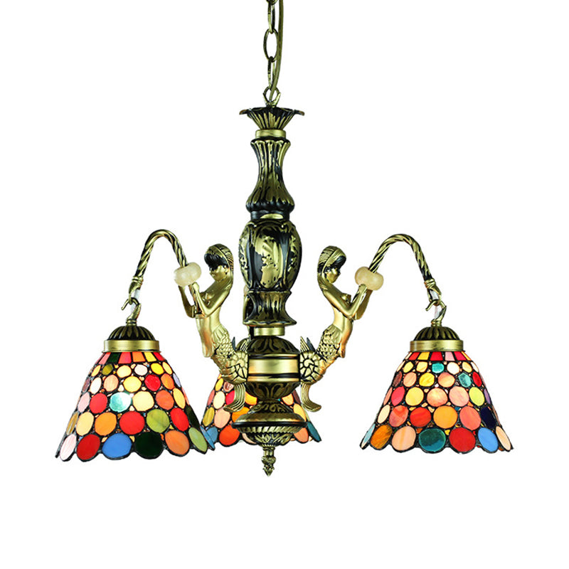 Antique Bronze Bell Chandelier Lamp Tiffany 3 Lights Stained Glass Hanging Light with Mermaid Arm Clearhalo 'Ceiling Lights' 'Chandeliers' 'Industrial' 'Middle Century Chandeliers' 'Tiffany Chandeliers' 'Tiffany close to ceiling' 'Tiffany' Lighting' 177702