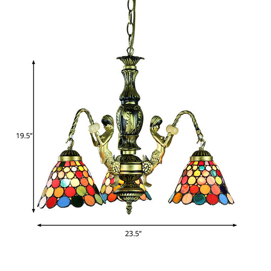 Antique Bronze Bell Chandelier Lamp Tiffany 3 Lights Stained Glass Hanging Light with Mermaid Arm Clearhalo 'Ceiling Lights' 'Chandeliers' 'Industrial' 'Middle Century Chandeliers' 'Tiffany Chandeliers' 'Tiffany close to ceiling' 'Tiffany' Lighting' 177703