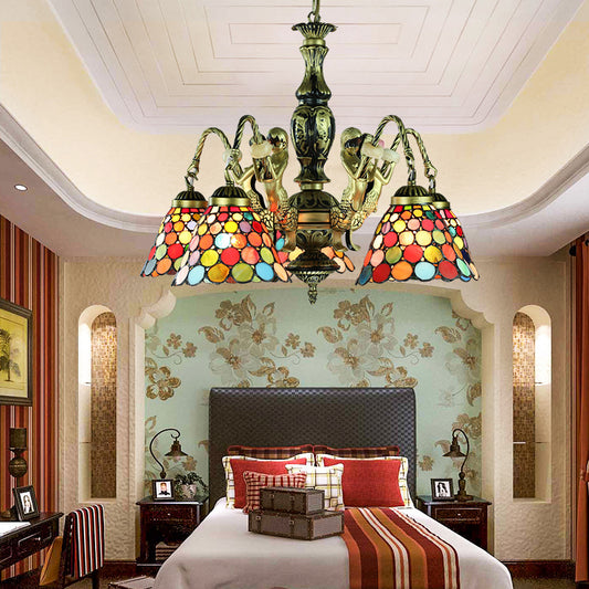 5 Lights Ceiling Light Tiffany Style Bell Shade Stained Glass Hanging Chandelier in Antique Bronze for Bedroom Clearhalo 'Ceiling Lights' 'Chandeliers' 'Industrial' 'Middle Century Chandeliers' 'Tiffany Chandeliers' 'Tiffany close to ceiling' 'Tiffany' Lighting' 177705