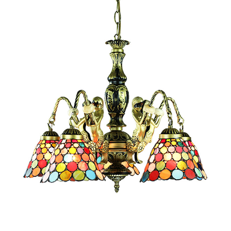 5 Lights Ceiling Light Tiffany Style Bell Shade Stained Glass Hanging Chandelier in Antique Bronze for Bedroom Clearhalo 'Ceiling Lights' 'Chandeliers' 'Industrial' 'Middle Century Chandeliers' 'Tiffany Chandeliers' 'Tiffany close to ceiling' 'Tiffany' Lighting' 177706