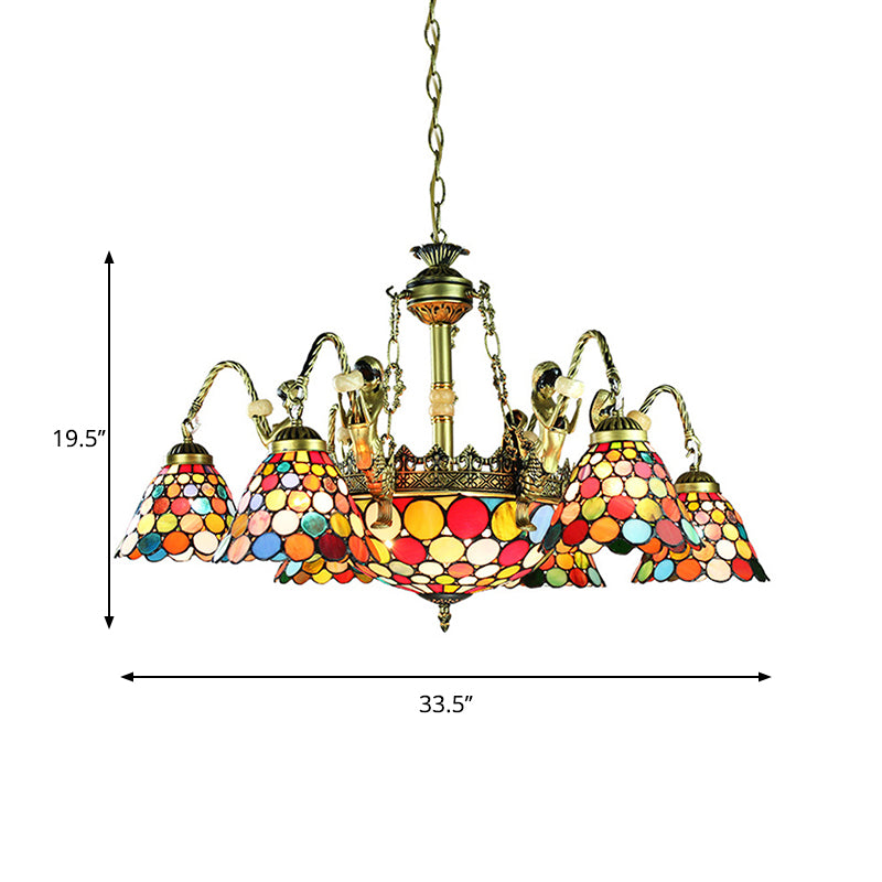 Antique Bronze Conical Pendant Light Tiffany 9/11 Lights Stained Glass Chandelier Lamp Clearhalo 'Ceiling Lights' 'Chandeliers' 'Industrial' 'Middle Century Chandeliers' 'Tiffany Chandeliers' 'Tiffany close to ceiling' 'Tiffany' Lighting' 177711