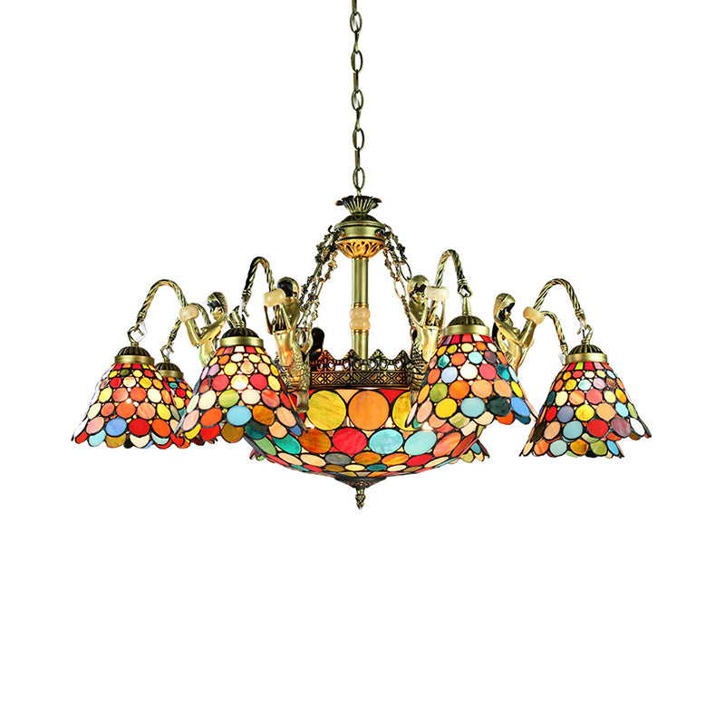 Antique Bronze Conical Pendant Light Tiffany 9/11 Lights Stained Glass Chandelier Lamp Clearhalo 'Ceiling Lights' 'Chandeliers' 'Industrial' 'Middle Century Chandeliers' 'Tiffany Chandeliers' 'Tiffany close to ceiling' 'Tiffany' Lighting' 177713