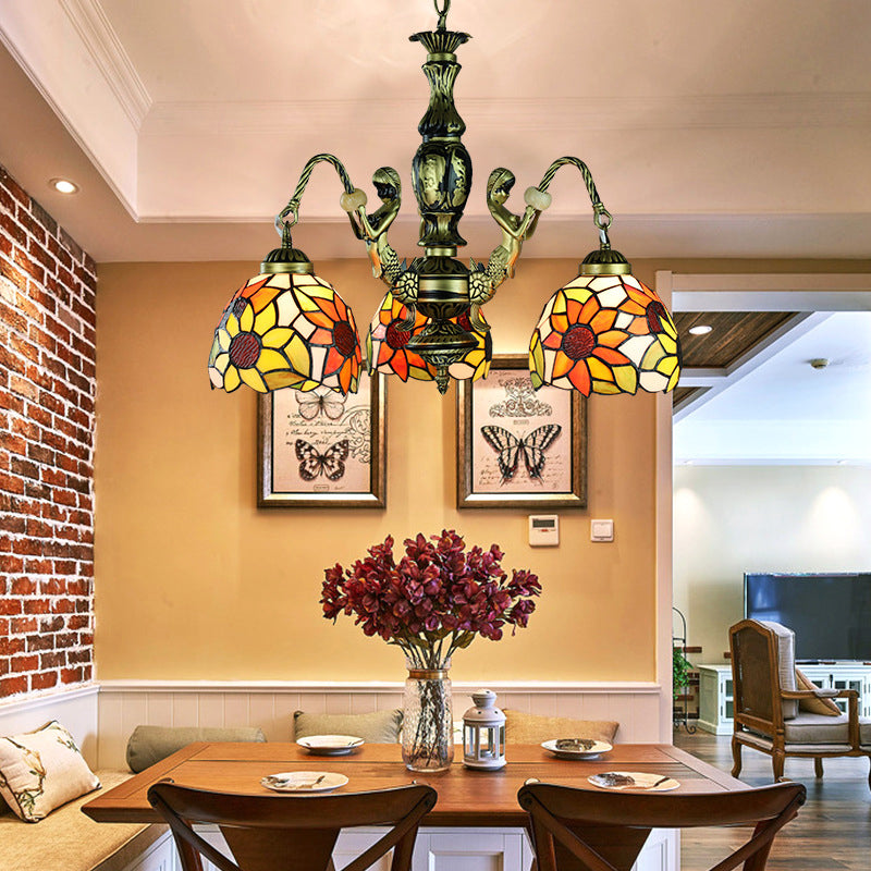 3 Lights Dining Room Ceiling Lamp Baroque Orange Chandelier Pendant Light with Sunflower Stained Glass Shade Clearhalo 'Ceiling Lights' 'Chandeliers' 'Industrial' 'Middle Century Chandeliers' 'Tiffany Chandeliers' 'Tiffany close to ceiling' 'Tiffany' Lighting' 177716