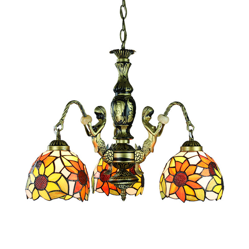 3 Lights Dining Room Ceiling Lamp Baroque Orange Chandelier Pendant Light with Sunflower Stained Glass Shade Clearhalo 'Ceiling Lights' 'Chandeliers' 'Industrial' 'Middle Century Chandeliers' 'Tiffany Chandeliers' 'Tiffany close to ceiling' 'Tiffany' Lighting' 177717