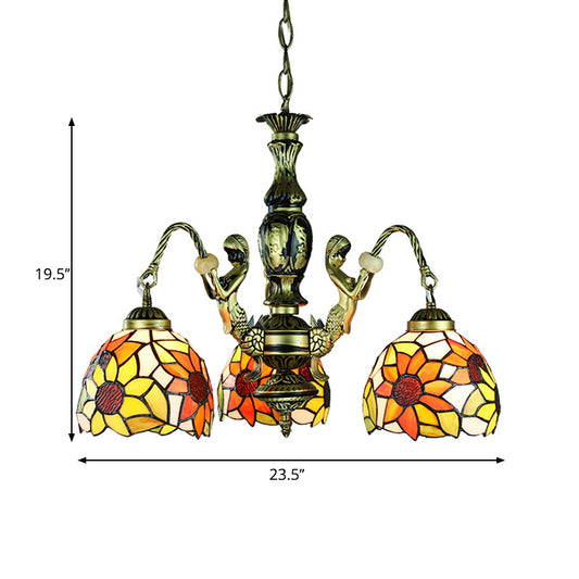3 Lights Dining Room Ceiling Lamp Baroque Orange Chandelier Pendant Light with Sunflower Stained Glass Shade Clearhalo 'Ceiling Lights' 'Chandeliers' 'Industrial' 'Middle Century Chandeliers' 'Tiffany Chandeliers' 'Tiffany close to ceiling' 'Tiffany' Lighting' 177718