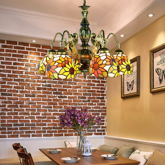 Stained Art Glass Orange Pendant Lamp Sunflower 5 Lights Tiffany Chandelier Light Fixture with Mermaid Deco Clearhalo 'Ceiling Lights' 'Chandeliers' 'Industrial' 'Middle Century Chandeliers' 'Tiffany Chandeliers' 'Tiffany close to ceiling' 'Tiffany' Lighting' 177720