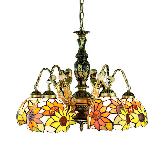 Stained Art Glass Orange Pendant Lamp Sunflower 5 Lights Tiffany Chandelier Light Fixture with Mermaid Deco Clearhalo 'Ceiling Lights' 'Chandeliers' 'Industrial' 'Middle Century Chandeliers' 'Tiffany Chandeliers' 'Tiffany close to ceiling' 'Tiffany' Lighting' 177721