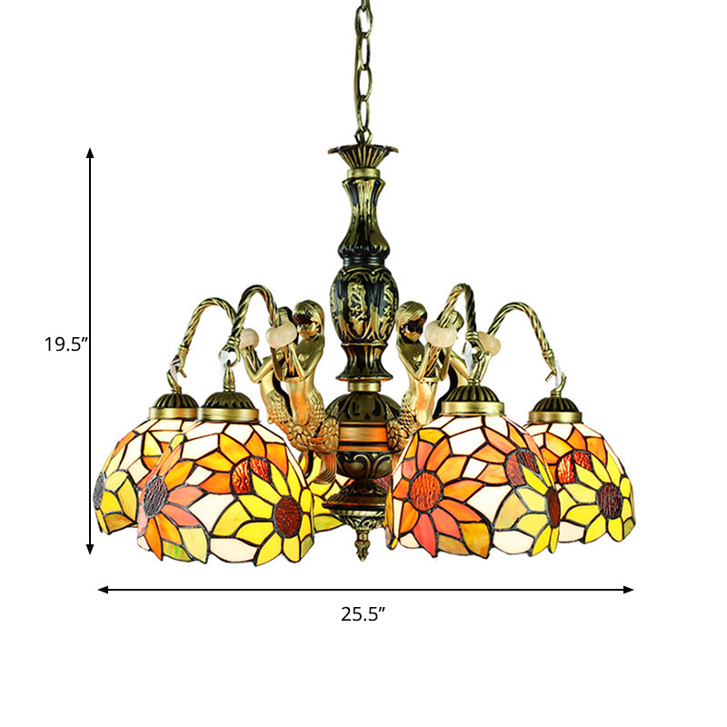 Stained Art Glass Orange Pendant Lamp Sunflower 5 Lights Tiffany Chandelier Light Fixture with Mermaid Deco Clearhalo 'Ceiling Lights' 'Chandeliers' 'Industrial' 'Middle Century Chandeliers' 'Tiffany Chandeliers' 'Tiffany close to ceiling' 'Tiffany' Lighting' 177722