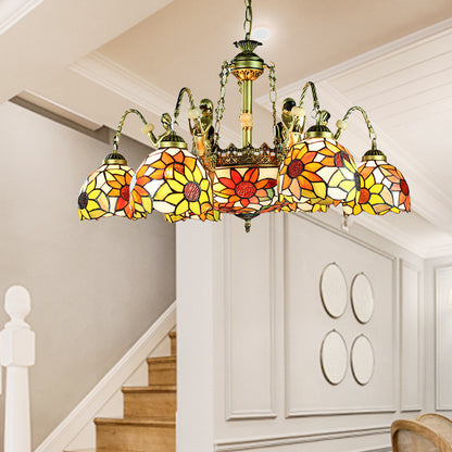 9/11 Lights Pendant Lighting Tiffany Sunflower Cut Glass Chandelier Lamp in Orange for Bedroom 9 Orange Clearhalo 'Ceiling Lights' 'Chandeliers' 'Industrial' 'Middle Century Chandeliers' 'Tiffany Chandeliers' 'Tiffany close to ceiling' 'Tiffany' Lighting' 177723